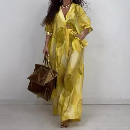 🌤️🌤️Ensemble 2 pièces tendance avec imprimé : chemisier à manches longues et pantalon large