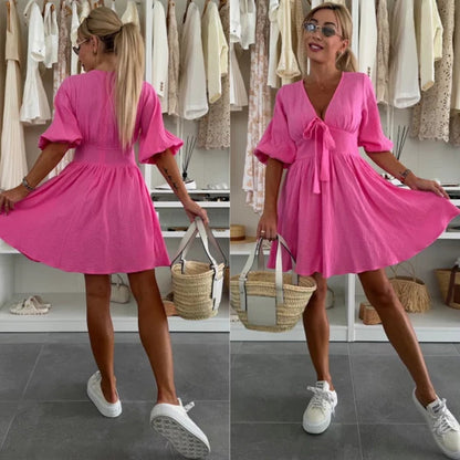 Mini robe décontractée à col en V de couleur unie