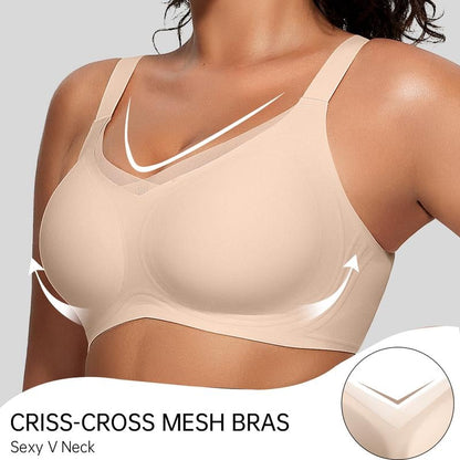 Soutien-gorge push-up sans armatures pour femmes, col en V croisé, en maille, sans coutures