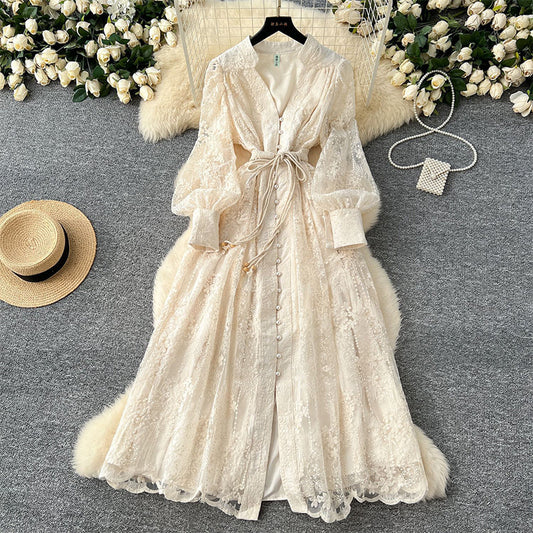 📢📢60 % de réduction !! ⏰ Robe Vintage à Manches Lanternes Brodées – Dentelle Délicate, Coupe Romantique & Élégance Rétro 🌸