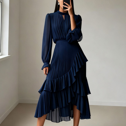 💎 60% DE RÉDUCTION! 💎 Robe Midi Plissée pour Femme avec Volants & Encolure en Trou de Serrure – Détails Féminins, Tissu Léger & Look Romantique 💃