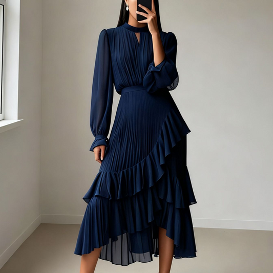 💎 60% DE RÉDUCTION! 💎 Robe Midi Plissée pour Femme avec Volants & Encolure en Trou de Serrure – Détails Féminins, Tissu Léger & Look Romantique 💃