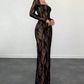 🎁Nouveauté 50 % DE RÉDUCTION💥Robe longue moulante à manches longues et superposition de dentelle pour femme