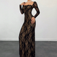 🎁Nouveauté 50 % DE RÉDUCTION💥Robe longue moulante à manches longues et superposition de dentelle pour femme