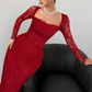 🎁Nouveauté 50 % DE RÉDUCTION💥Robe longue moulante à manches longues et superposition de dentelle pour femme
