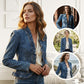 Veste en jean à boutons pour femme, avec volants et ouverture sur le devant