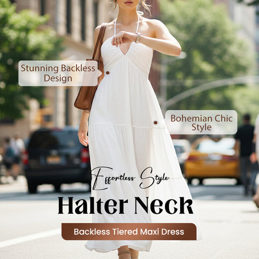 💎 60% DE RÉDUCTION ! 💎 Robe Maxi À Étages Col Licou Dos Nu – Tissu Léger, Silhouette Fluide & Imprimé Été ☀️🌸