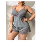 Ensemble pyjama pour femme composé d’un caraco et d’un short à bordures en dentelle