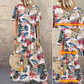 Jupe longue ample imprimée rétro pour femme, style décontracté, col rond