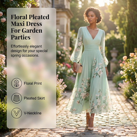 Robe plissée à manches longues et col en V, imprimé floral