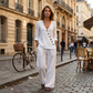 Ensemble deux pièces en lin pour femme, col en V et boutons asymétriques