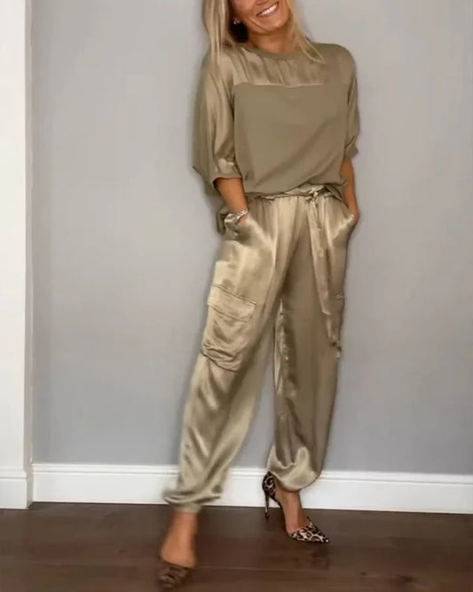 🔥Ensemble Top et Pantalon en Satin Lisse à Manches Demi-longues💝ACHETEZ 2 ENSEMBLES LIVRAISON GRATUITE