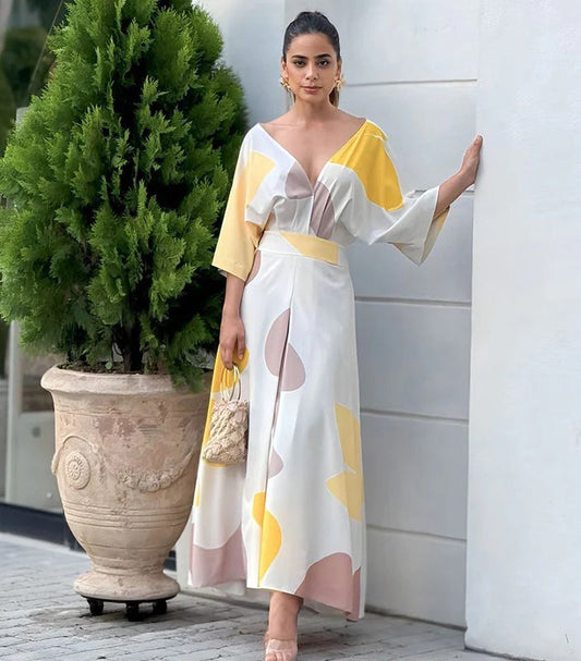 👗2024 Robe taille haute imprimée à col en V pour femme, nouvelle mode【Livraison gratuite】